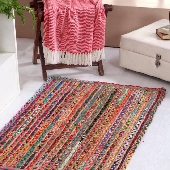 Second Nature Online - Wholesale Area rug - MISHRAN Natural Jute Rug Hand Woven with Multi Colour Braids