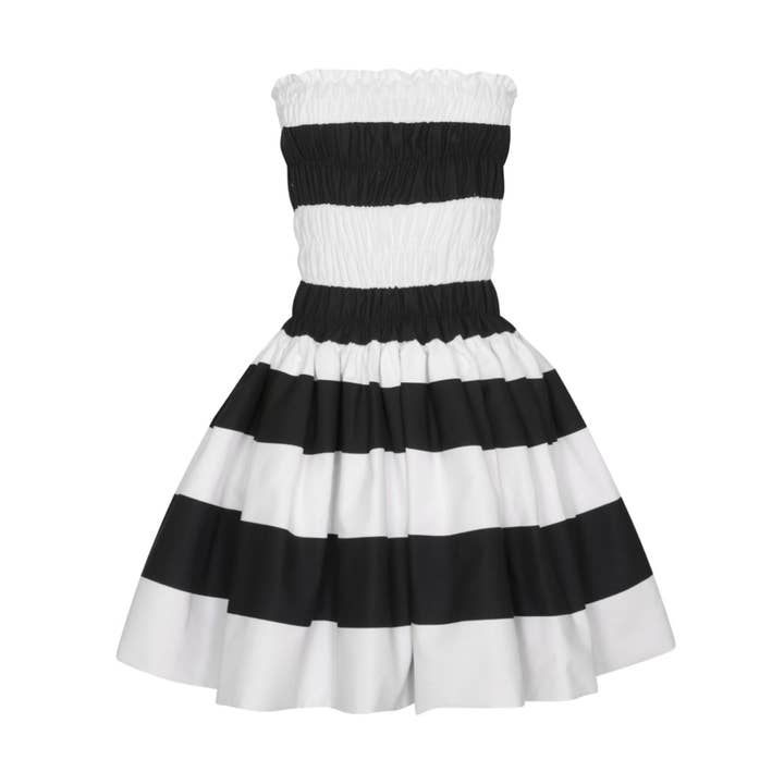 Mini-kjole uden stropper med brede striber og smock. for engroshandel hos London Atelier Byproduct