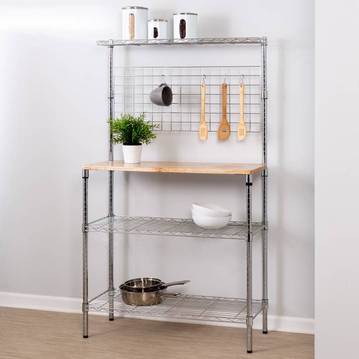 Honey-Can-Do - Wholesale Kitchen Storage/Organizer - Bakers Rack with Shelves and Hanging Storage, Chrome