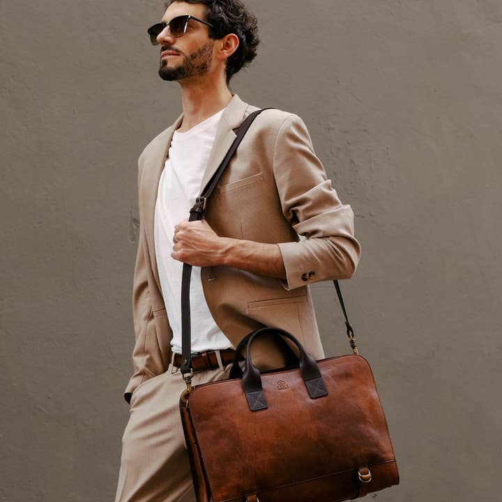 Time Resistance - Wholesale Briefcase - Unisex - Matte Brown Leather Briefcase - Wide Sargasso Sea