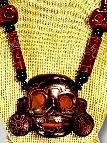Teotihuacan Mask of Mikiztli Pendant Necklace carved in ceramic, Divinity of Death & Transformation with Mexican Pre Hispanic symbols engraved - Pre-Columbian Jewelry for wholesale by OllinMexica