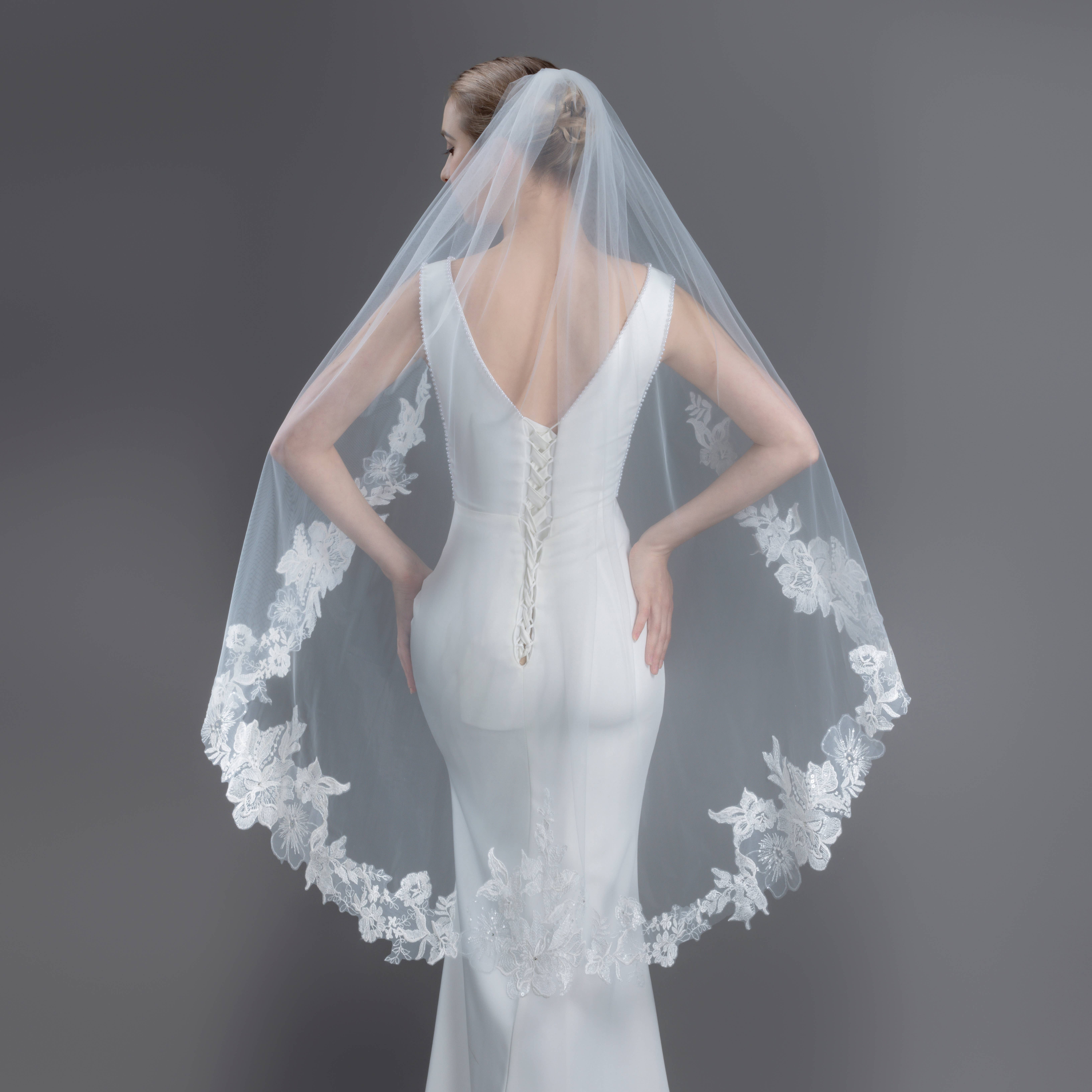 Farinosa Bridal - Venta al por mayor Velo - Mujer - Velo nupcial de encaje bordado con flores FS6231 en 96,5 cm, 127 cm, 274 cm y 305 cm15