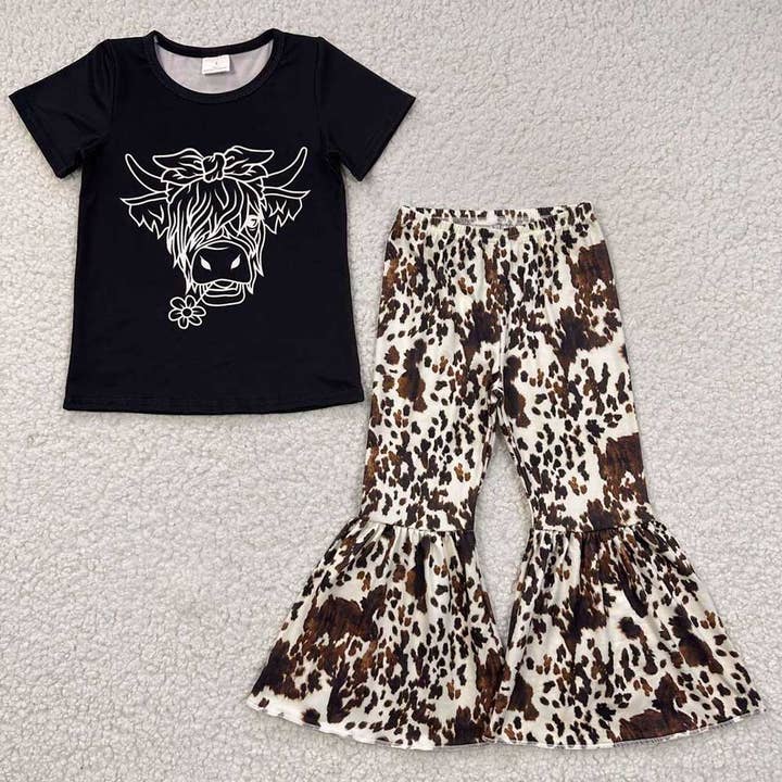 Aier Wholesale - Wholesale Top & Pant Set - Kids - Baby Girls Black Shirt Cow Print Bell Pants Clothes Sets