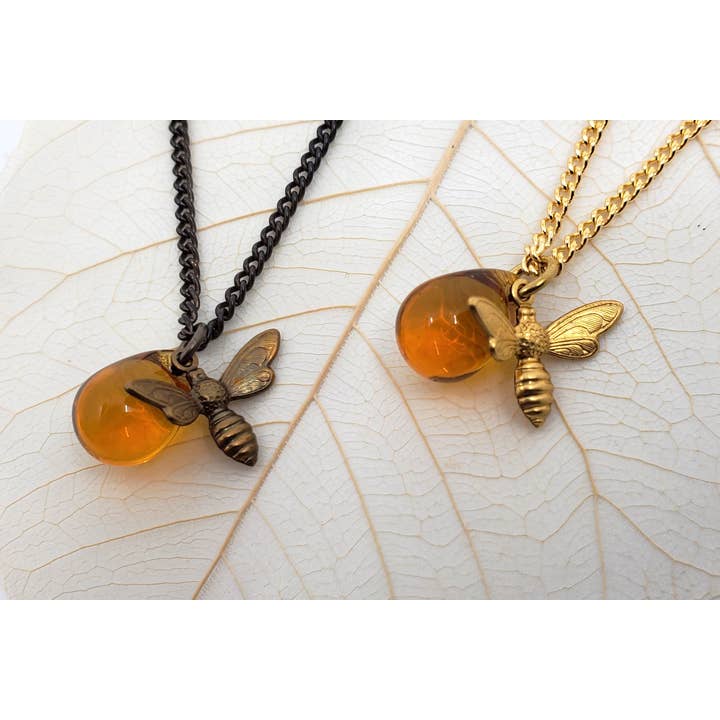 HONEY BEE Necklace and Golden Drop on an 18" Brass Chain for wholesale by Terra Tokens