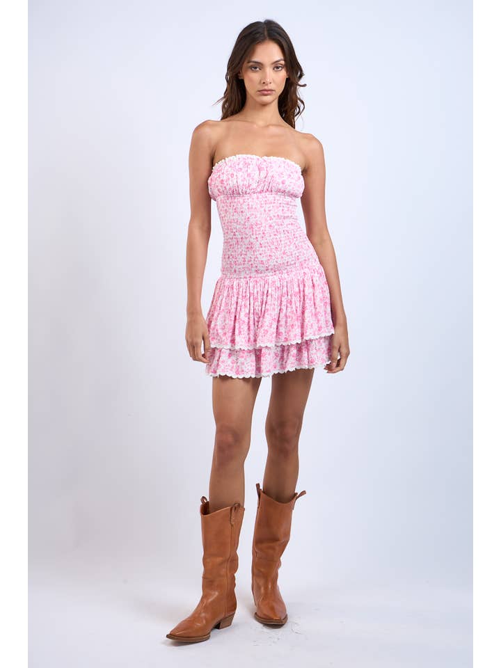 PK Taffy Floral -SMOCKED BODY LACE TRIM LAYERED TUBE MINI DRESS for wholesale on Faire