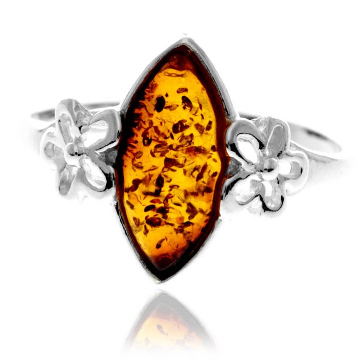 SilverAmber Jewellery - Wholesale Cocktail/Statement Ring - 925 Sterling Silver & Genuine Baltic Amber Flower Ring - GL409