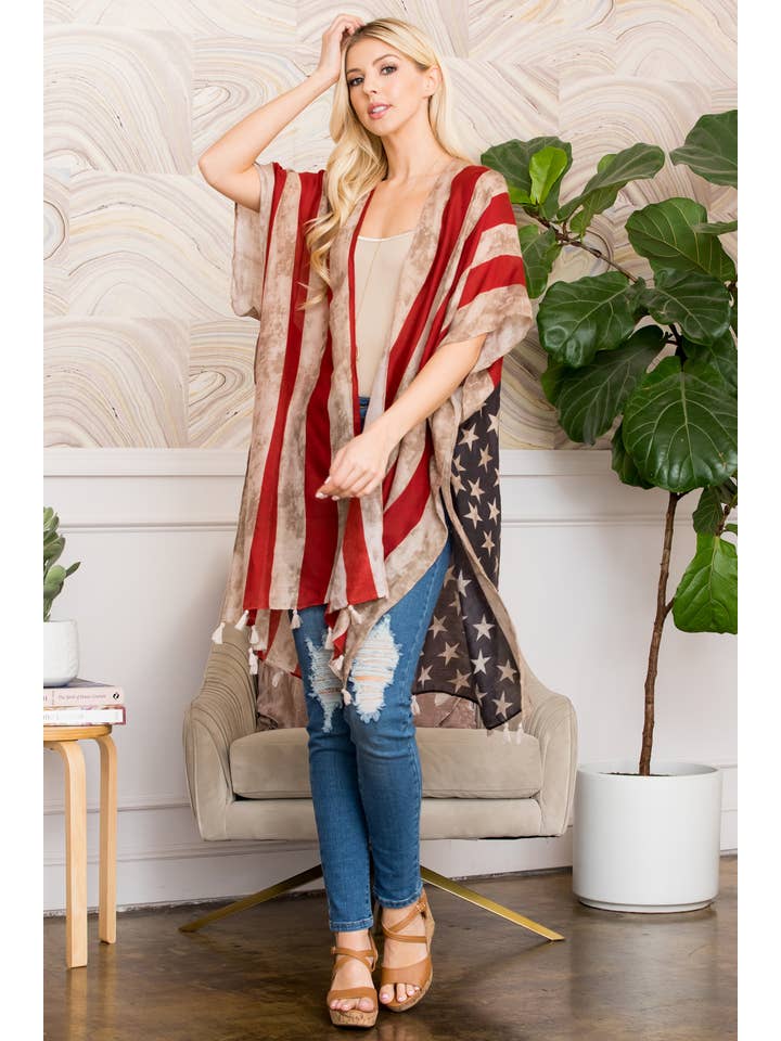MYS Wholesale Inc - Wholesale Kimono - Women's - Vintage USA Flag Print Kimono