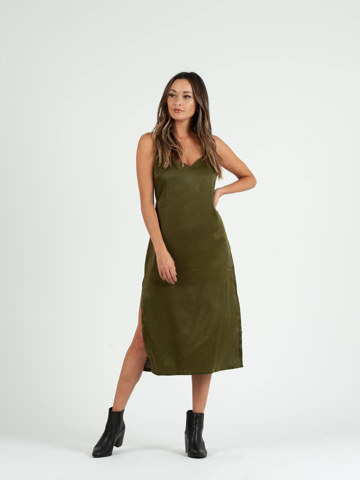 Satin Back Tie Dress - MOSS GREEN for wholesale by Lucca Couture