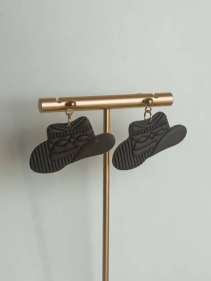 Cowgirl Hat Earrings - Brown for wholesale by Clay & Fern Co.
