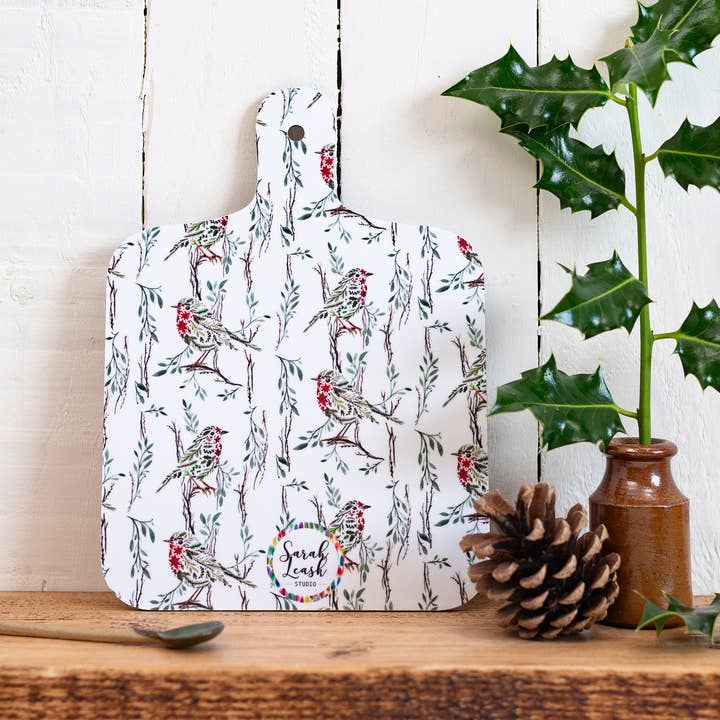 Sarah Leask Studio – wholesale Cutting board – Poinsettia Robin Mini Chopping Board