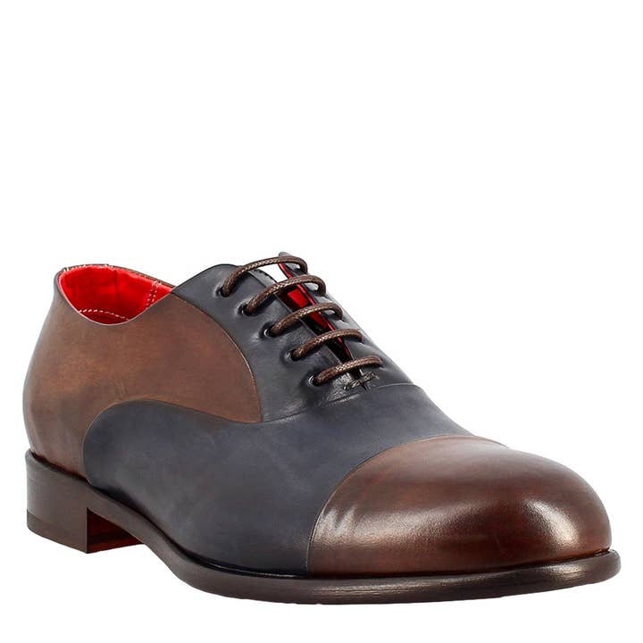 Dark brown and blue elegant men's oxford in leather and red lining for wholesale by The Royale Leather