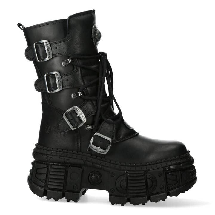 Black New Rock Mid-Calf Leather Goth Boots-WALL373-S5 for wholesale on Faire