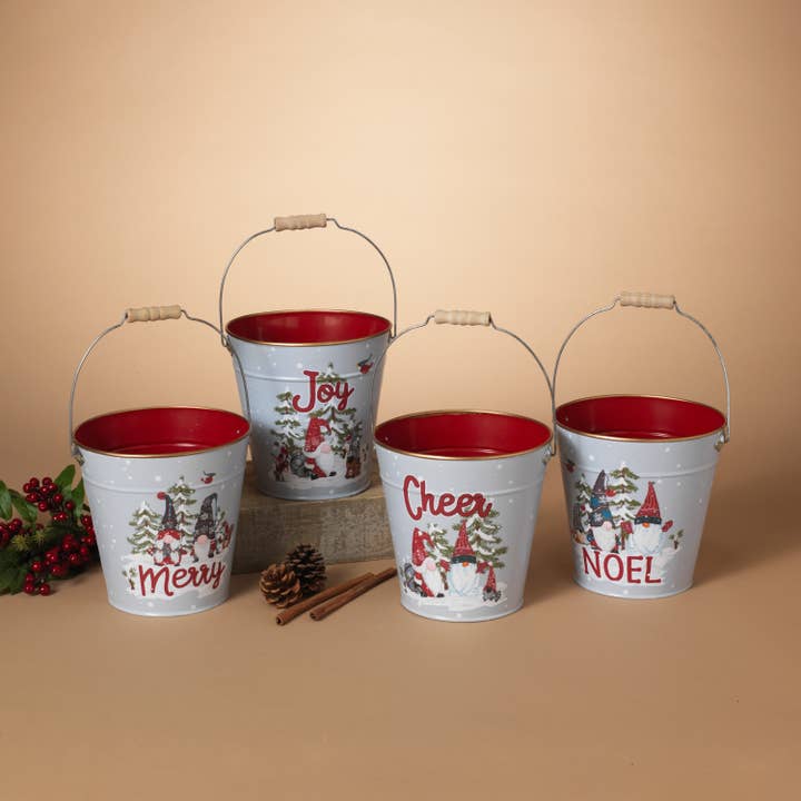 Promos 8"H Metal Holiday Gnome Design Bucket, 4 Asst for wholesale by The Gerson Companies