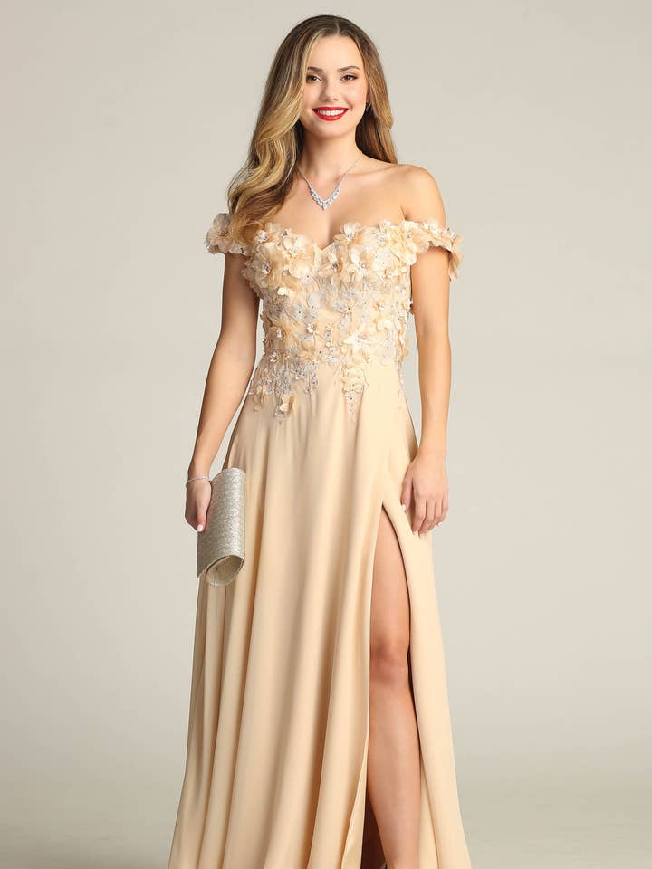 Lang chiffonkjole med bare skuldre og blomsterædelsten CHF3059 for engroshandel hos Chicas