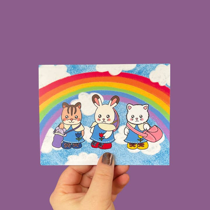 Rainbow Sky School Critters Postcard | Cute Kawaii Trinket Cloud Cottagecore for wholesale by Faebelle Haven