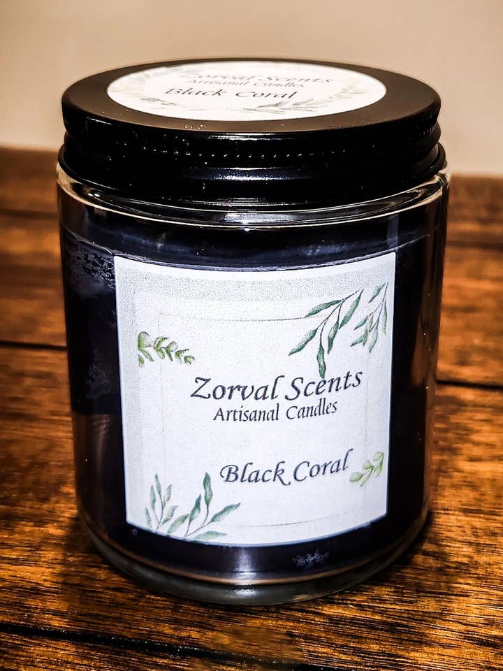 Black Coral, bougie à la cire de soja à la noix de coco, pot transparent, 8 oz pour la vente par Zorval Scents