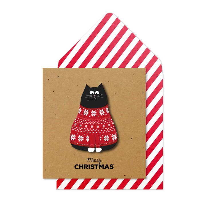 Joyeux Noël Chat en Pull de Noël, Carte de Vœux Faite Main pour la vente par Tache
