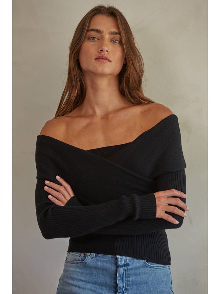 Black W1753 | Knit Sweater Off Shoulder Long Sleeve Top for wholesale on Faire