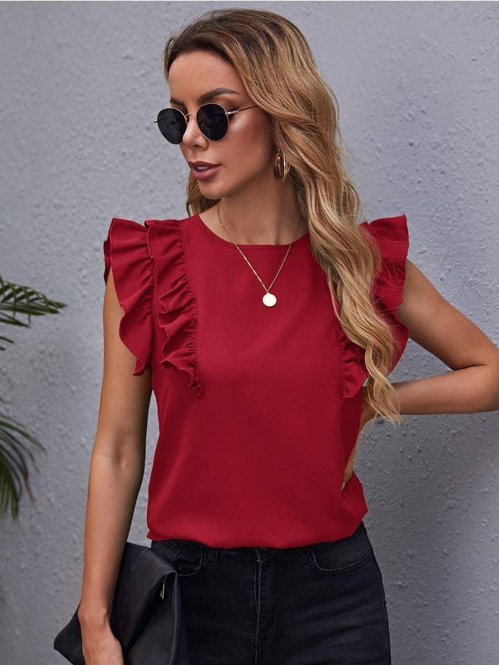 Queen Fashion - Wholesale Blouse - Women's - ruffle armhole solid top