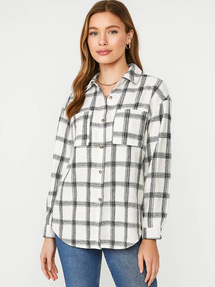 Ladies Botton Open Turndown Collar Plaid Shirt 9965 for wholesale by Sweetkama