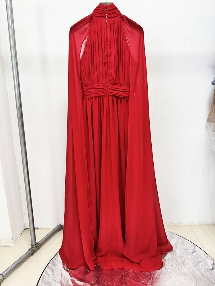Red DR664Y Flowing Pleated Chiffon Maxi Dress with Cape Detail for wholesale on Faire2