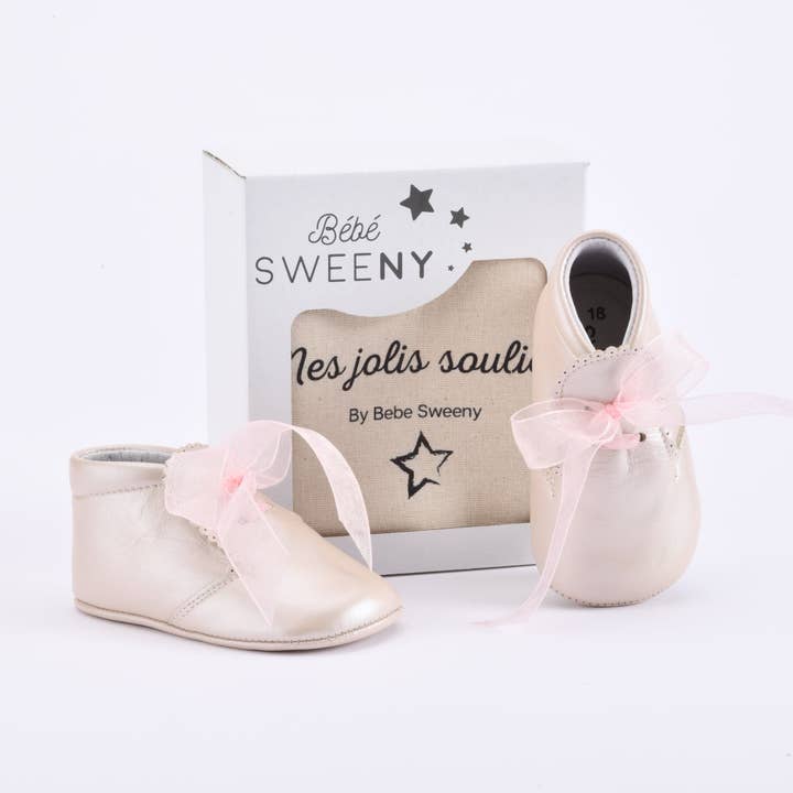 Girls Pearly Pink Leather Pre-Walker Shoes with Organza Ribbon for wholesale by Bebe Sweeny