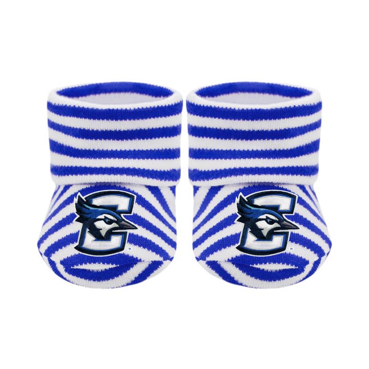 Creighton Bluejays Newborn Striped Booties for wholesale by Creative Knitwear