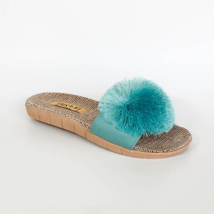 Slides Pom Pom – Aigue-marine | Sandales d'été pour femmes pour la vente par La-a SOLE