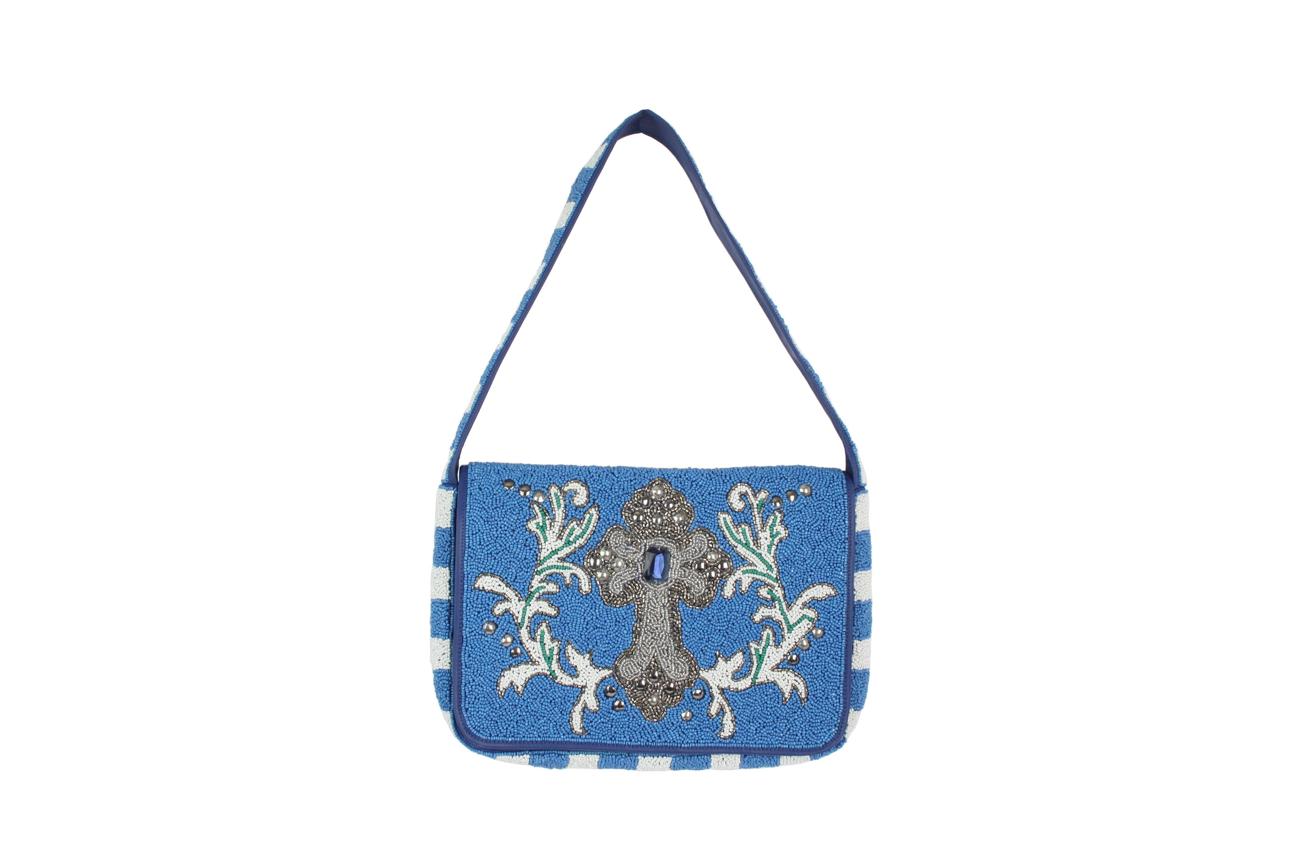 Nima Accessories Inc - Wholesale Shoulder Bag - Women's - Ladies Blue Fully Beaded CROSS Shoulder Handbag0