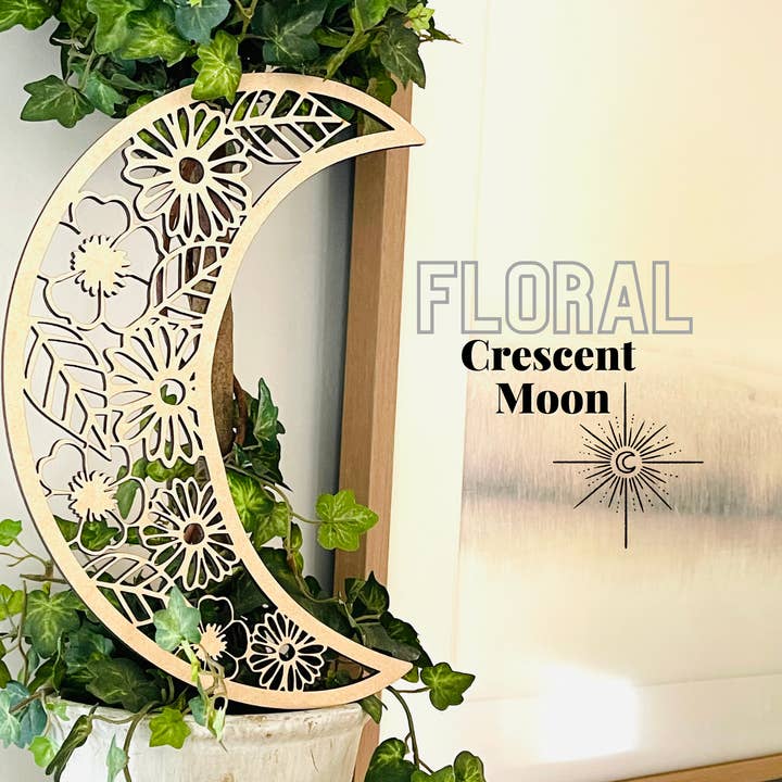 Krafty Supply - Wholesale Wall Accent - Floral Crescent Moon | Wooden Moon Cutout | Moon Decor