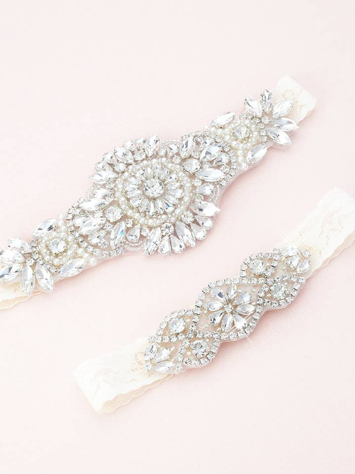 Ophelia Crystal and Lace Garter Set for wholesale by Heirloom Bridal Company