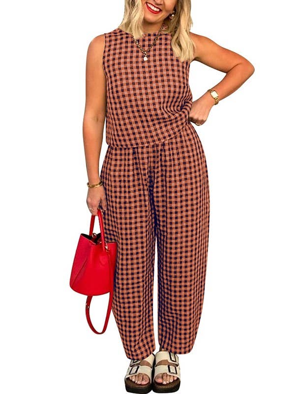 Rosa Clothing - Wholesale Lounge Set - Women's - Gingham Tank Tops Plaid Print Wide Leg Pants Set3