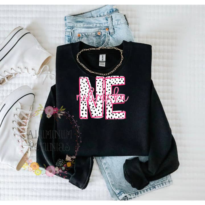 Nebraska Pink Dottie Loo Font Gildan Sweatshirt for wholesale by Aluminum Petunias