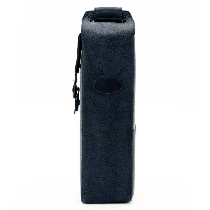 Heritage Tooled Leather Single Bottle Wine Carrier for wholesale by Mission Mercantile Leather Goods