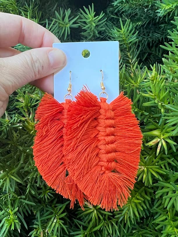 Burnt Orange Macrame Leaf Earrings Halloween Fall for wholesale by Baubles by B