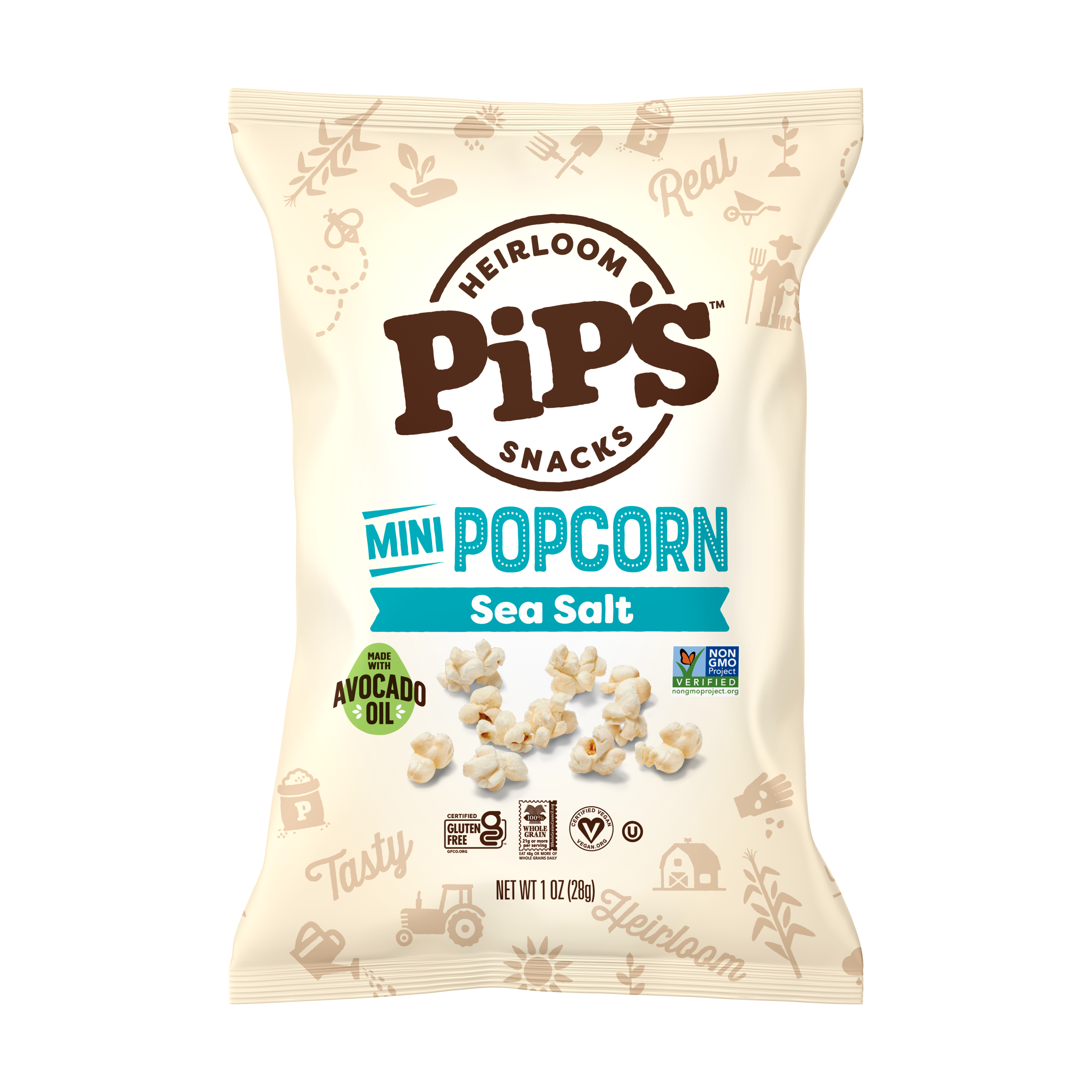 Pip's Heirloom Snacks - Wholesale Popcorn - Sea Salt Mini Popcorn 1oz Single-Serve (24 Bags in 1 Case)1