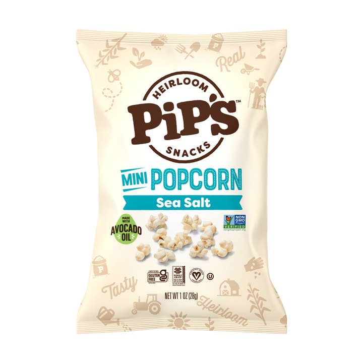 Pip's Heirloom Snacks - Wholesale Popcorn - Sea Salt Mini Popcorn 1oz Single-Serve (24 Bags in 1 Case)1