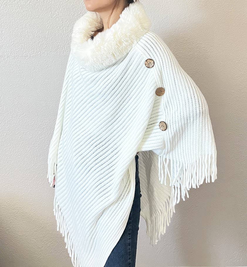 Fennco Styles – wholesale Poncho – Women's – White Fur Collar Ribbed Knit Poncho with Fringe    2