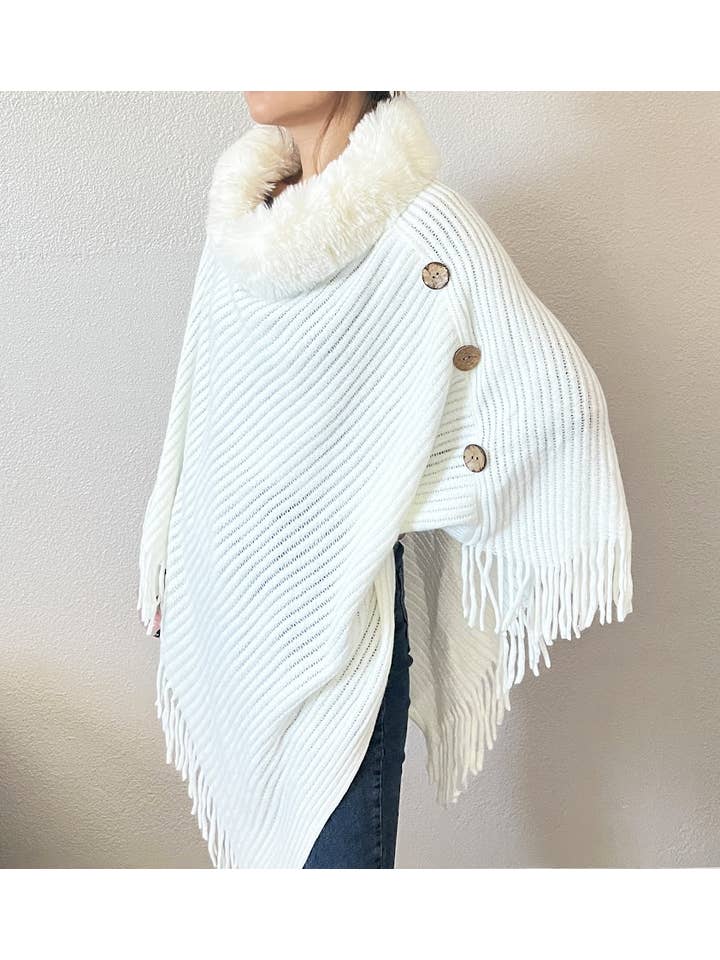 Fennco Styles – wholesale Poncho – Women's – White Fur Collar Ribbed Knit Poncho with Fringe 2