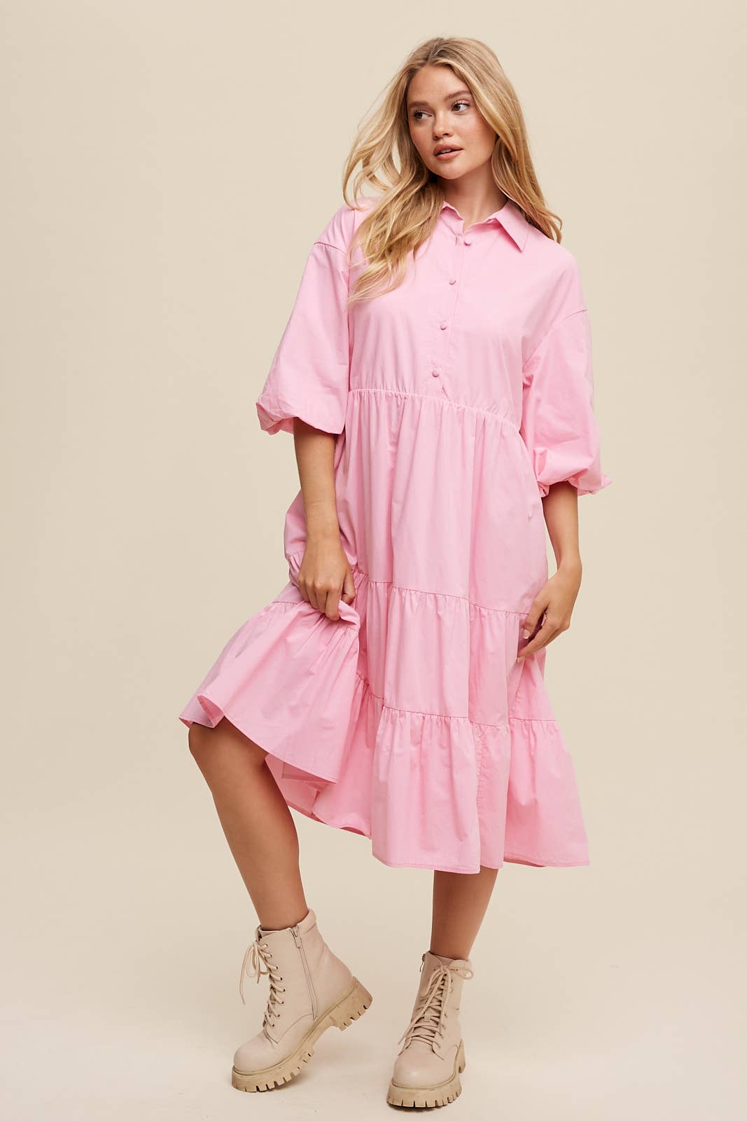 Listicle - Wholesale Dress - Women's - Tiered Poplin Shirt Dress40