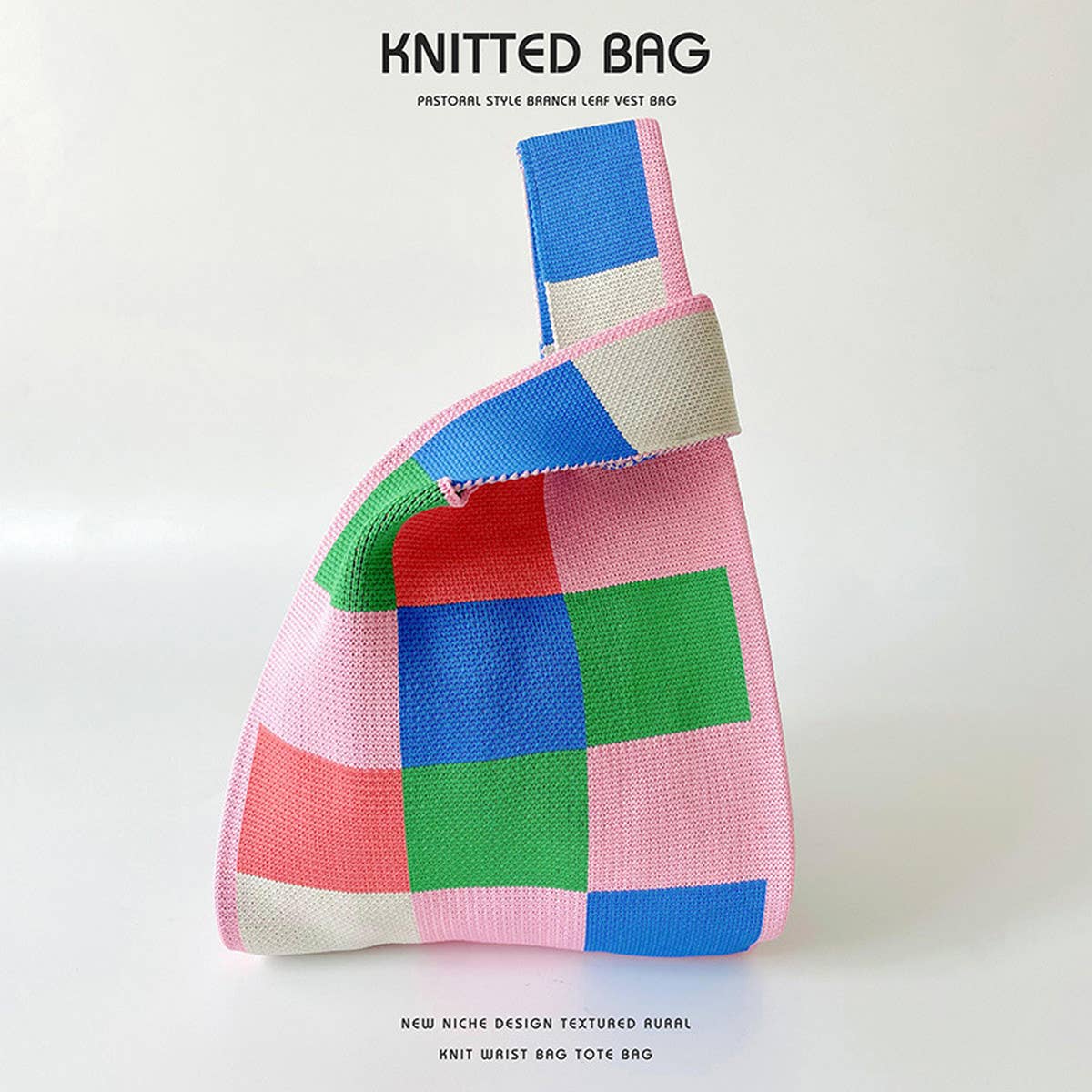 ACCITY - Wholesale Tote Bag - Women's - PINK AND GREEN CHECKERBOARD KNIT TOTE BAG_CWAB23940