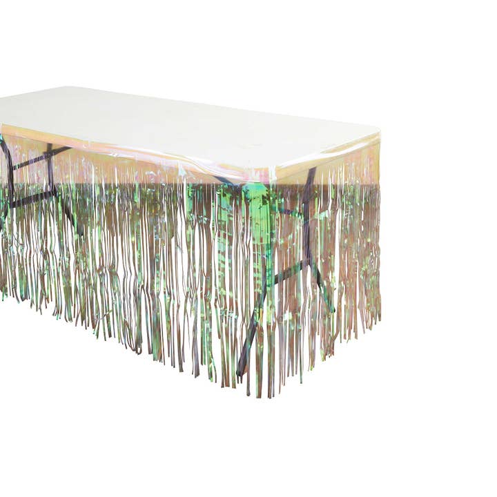 Metallic Fringe Table Skirt 14ft - White Iridescent for wholesale on Faire