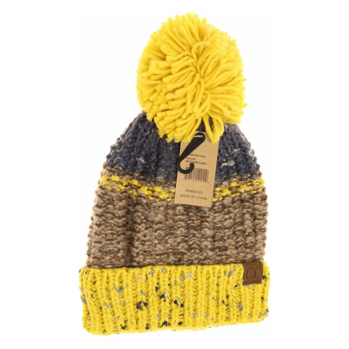Mustard Camel Fuzzy Lined Flecked Multi Color Pom Beanie HAT2214 for wholesale on Faire1
