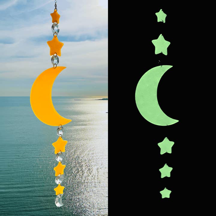 Golden Moon & Stars Solar Glow Suncatcher for wholesale by Emaloe’s Thingys
