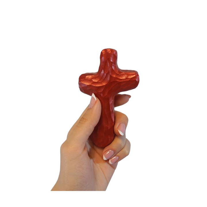 Holy Land Wood and Stone - Wholesale Decorative Tabletop Object - Shimmering Red Holding Cross - Decorative Tabletop