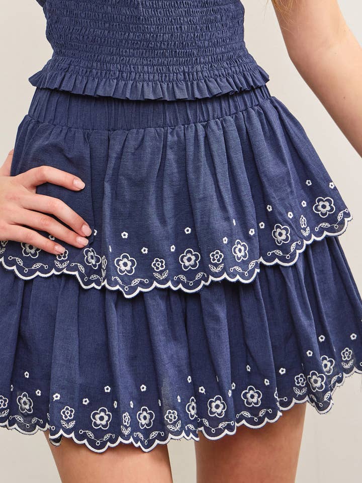 BANDED WAIST EMBROIDERY TIERED SKORT for wholesale by Mustard Seed