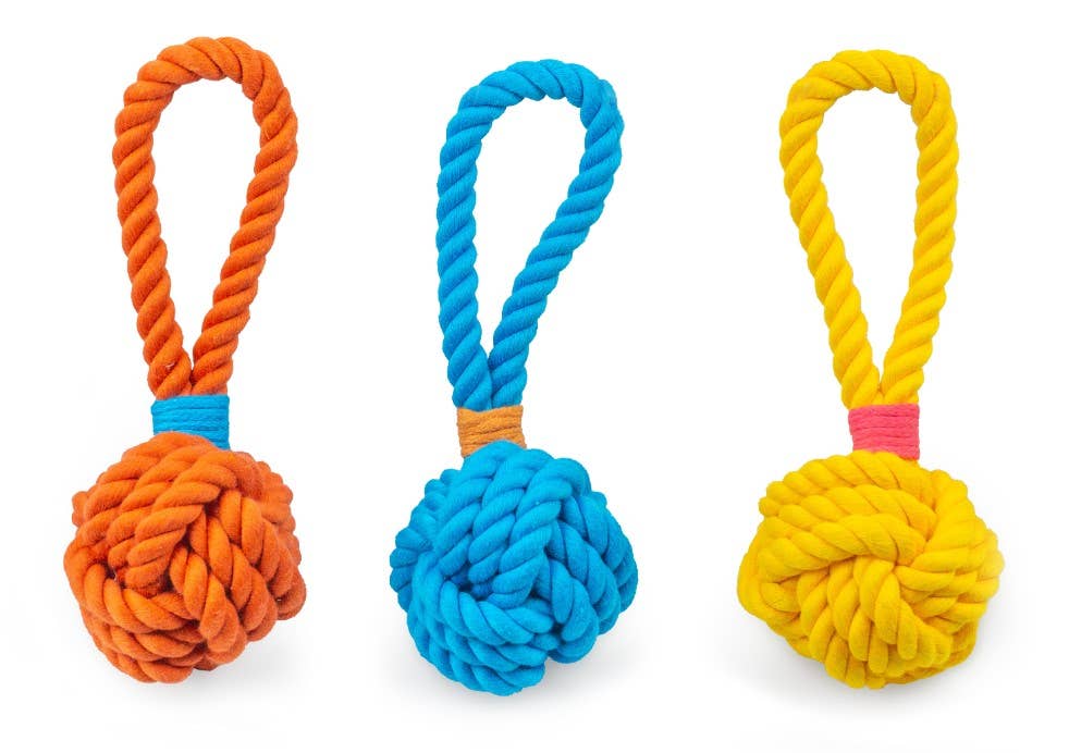 Pet Palette Distribution - Wholesale Pet Rope Toy - Dog - ThoozyPet Ball Tug Rope Dog Toy with Handle Yellow 3"1