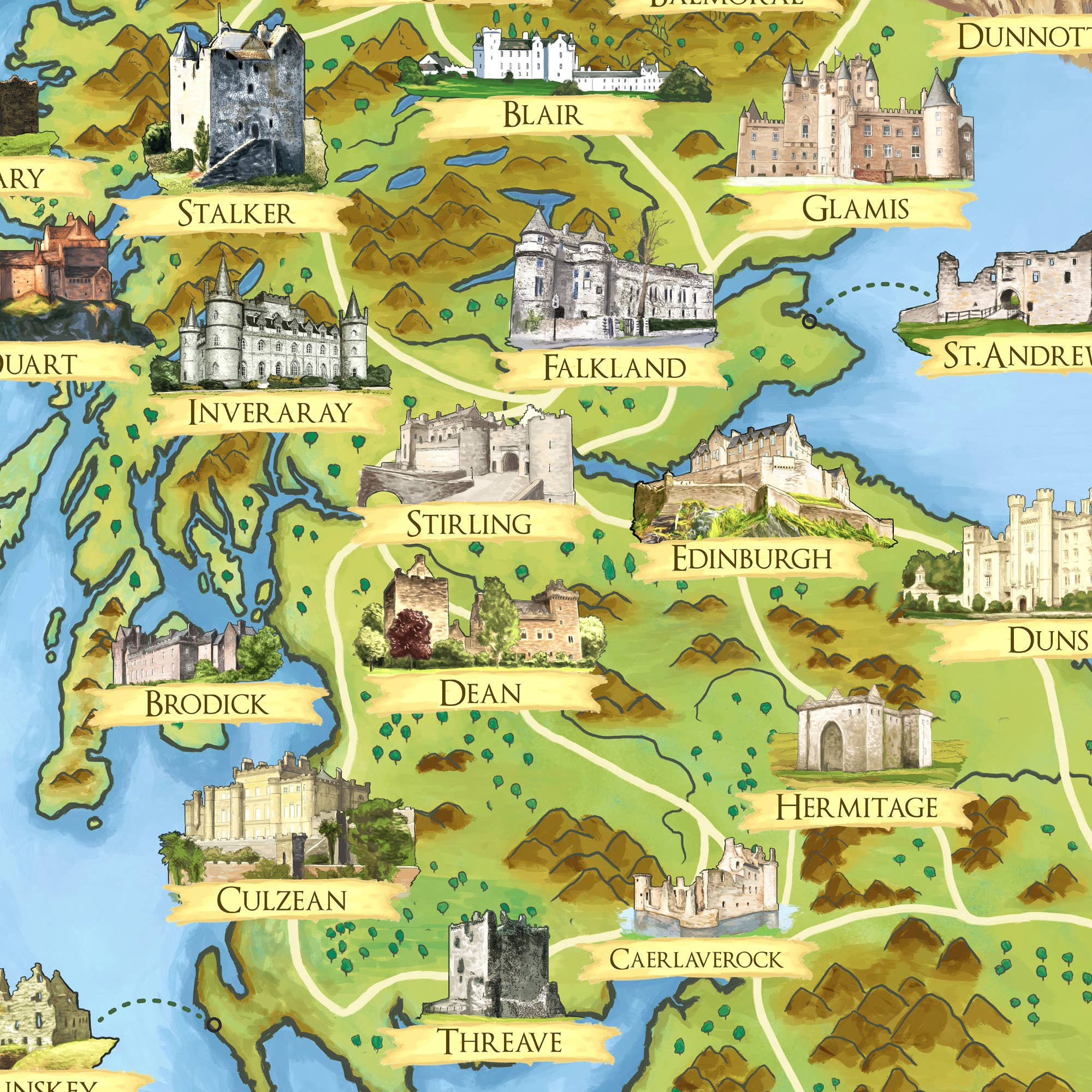 Printagonist – wholesale Poster – Scottish Castles - Illustrated Map -  Scotland Print Poster1