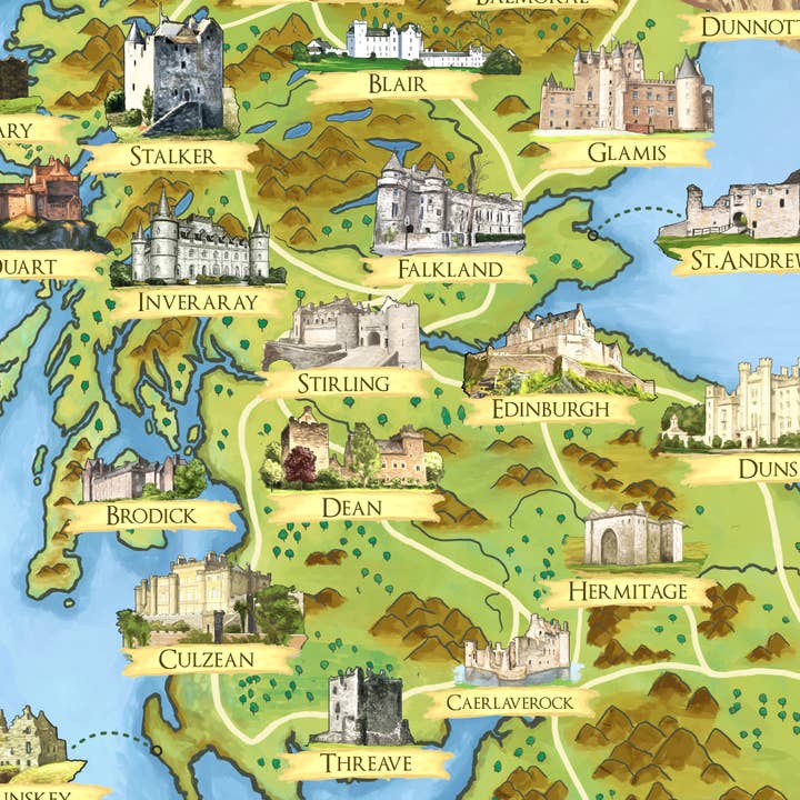 Printagonist – wholesale Poster – Scottish Castles - Illustrated Map - Scotland Print Poster1