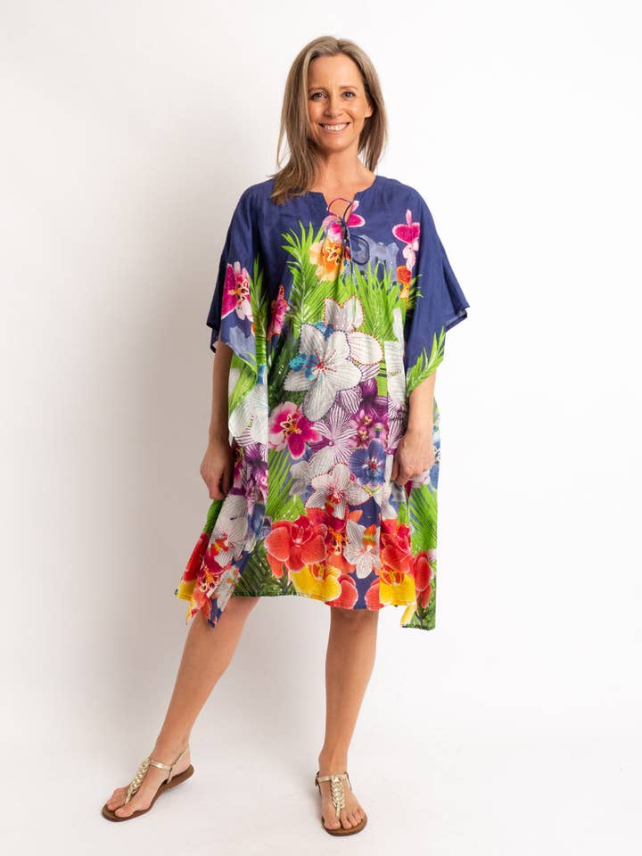 V-Neck Dress Length Kaftan In Embroidered Blue Floral for wholesale by Mozaic by Euro Dreaming